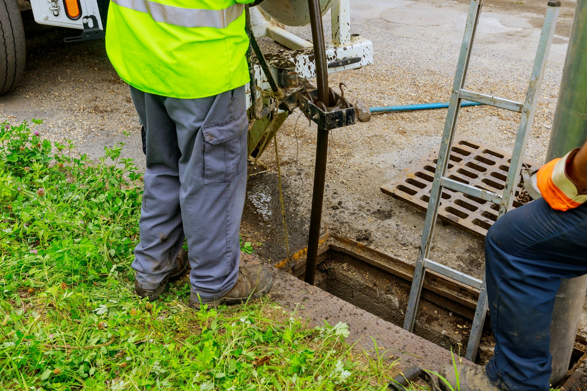 Cleaning the sewer system special equipment on utility service in the town.